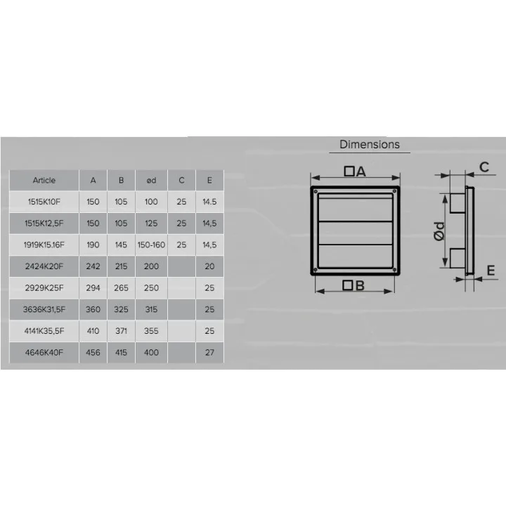 4141K35,5F grau, Abluftgitter mit Schwerkraftklappen 410x410 mit Flansch D355, grau, ASA-Kunststoff