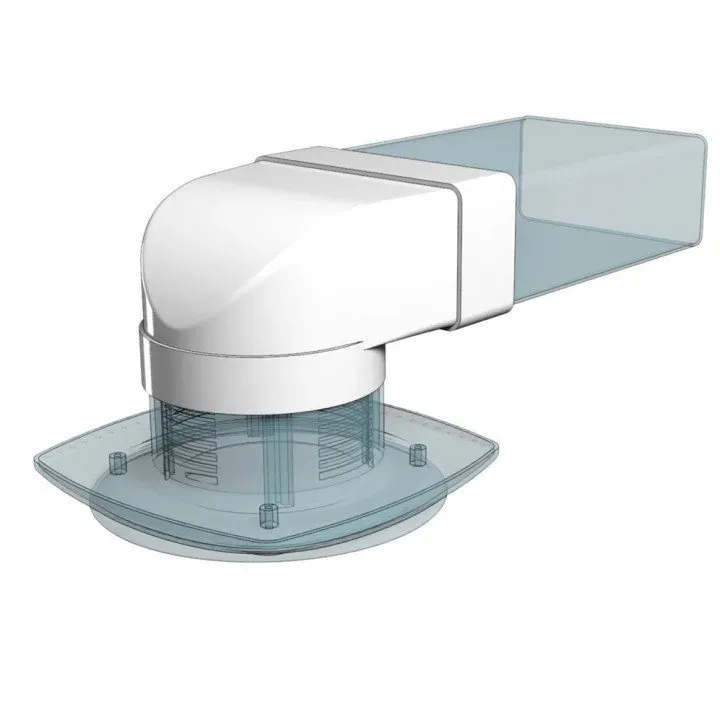 620SK10FP, 90°-Verbinder zwischen Rechteckkanal 60x204 und Luftverteiler mit Flansch D100