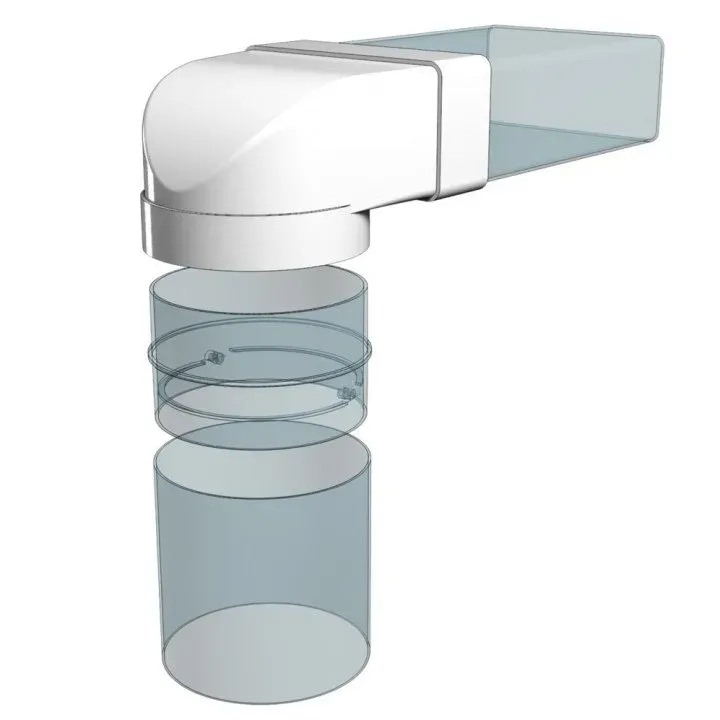 620SK12,5FP, 90° Verbinder zwischen rechteckigem Kanal 60x204 und Luftverteiler mit Flansch D125