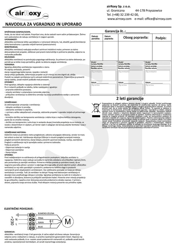 aRos/aRok Ventilator – Anleitung und Garantiekarte (SL)