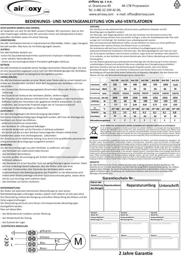 aRd Ventilator – Anleitung und Garantiekarte (DE)