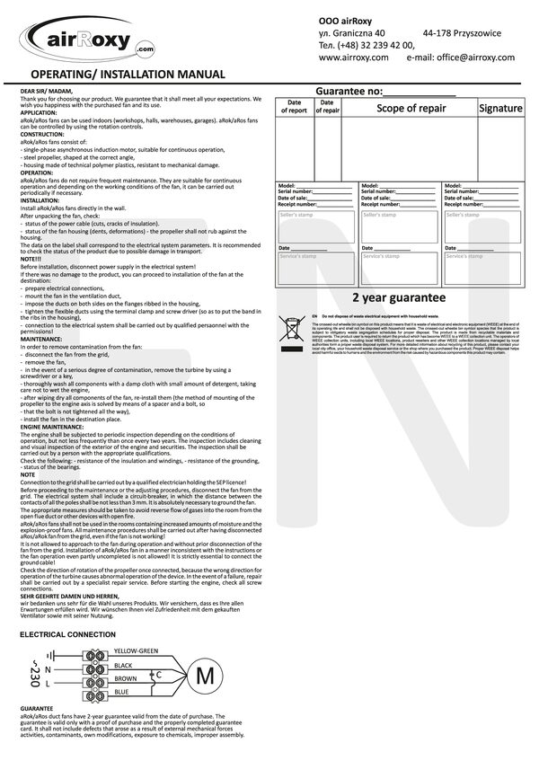 aRos/aRok Ventilator – Anleitung und Garantiekarte (EN)