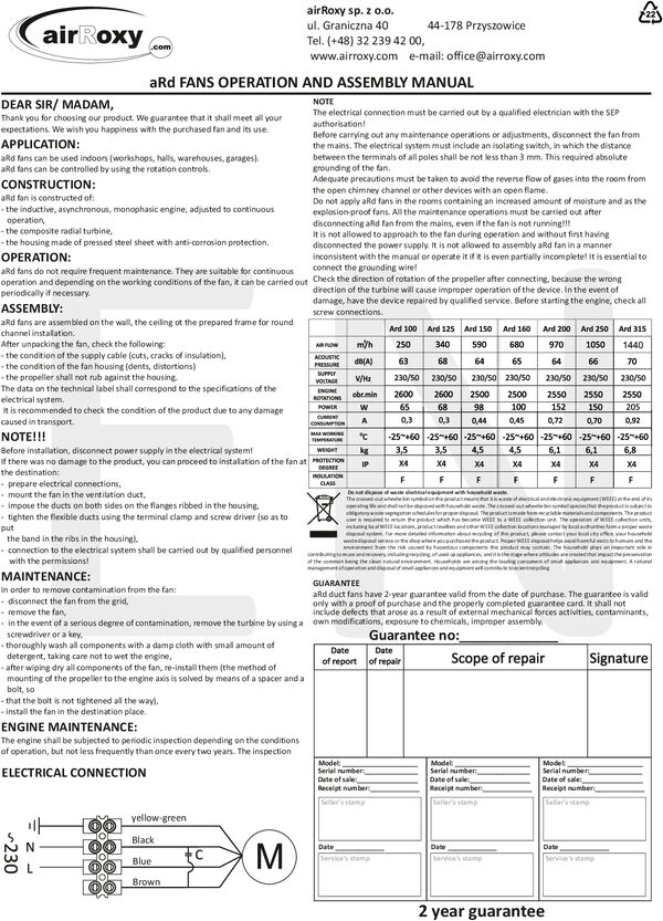 aRd Ventilator – Anleitung und Garantiekarte (EN)