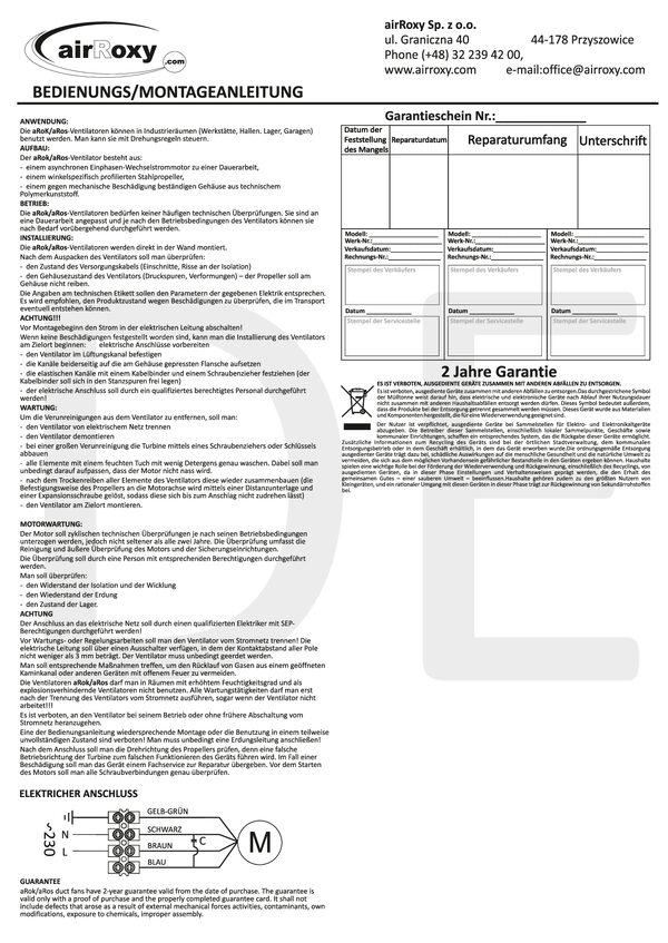 aRos/aRok Ventilator – Anleitung und Garantiekarte (DE)