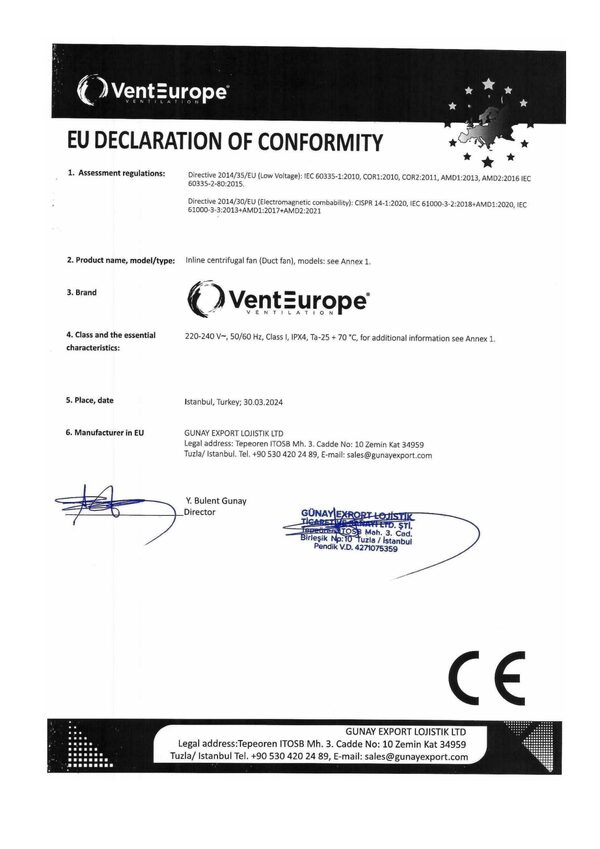 VentEurope Squall / Twister – Konformitätserklärung
