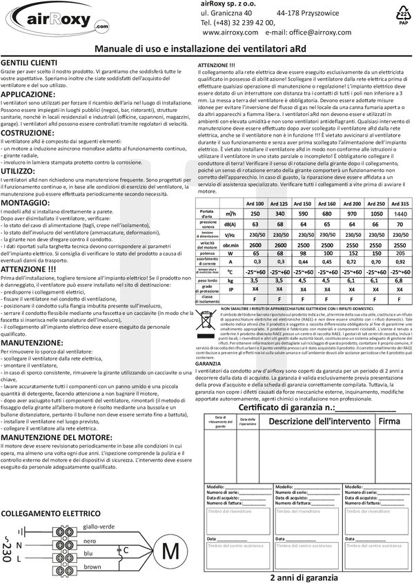 aRd Ventilator – Anleitung und Garantiekarte (IT)