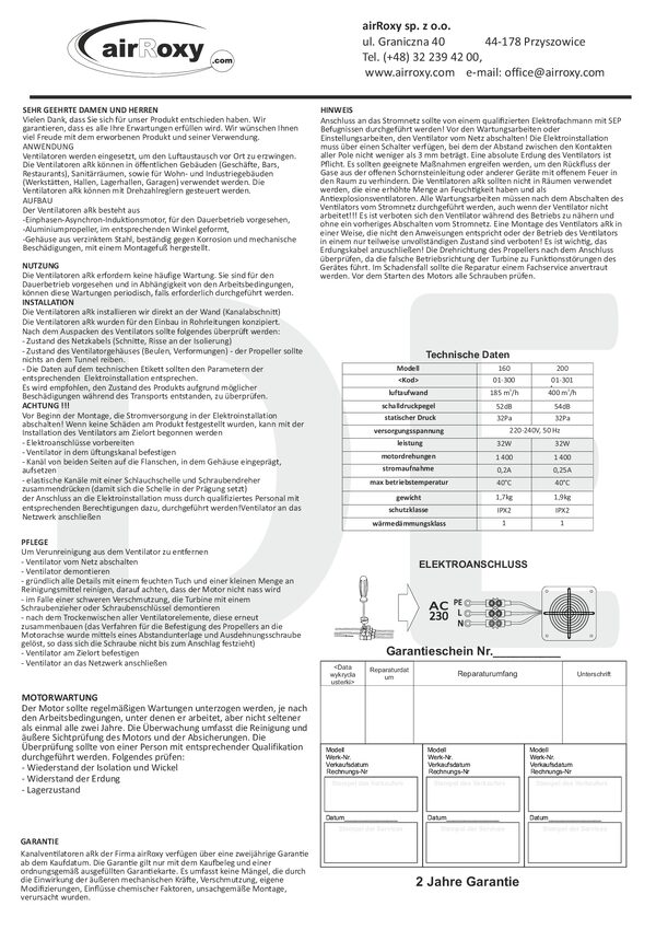 aRk Ventilator – Anleitung und Garantiekarte (DE)