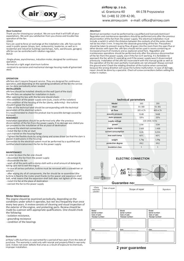 aRk Ventilator – Anleitung und Garantiekarte (EN)