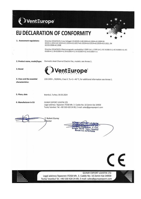 VentEurope Haushaltsventilatoren – Konformitätserklärung