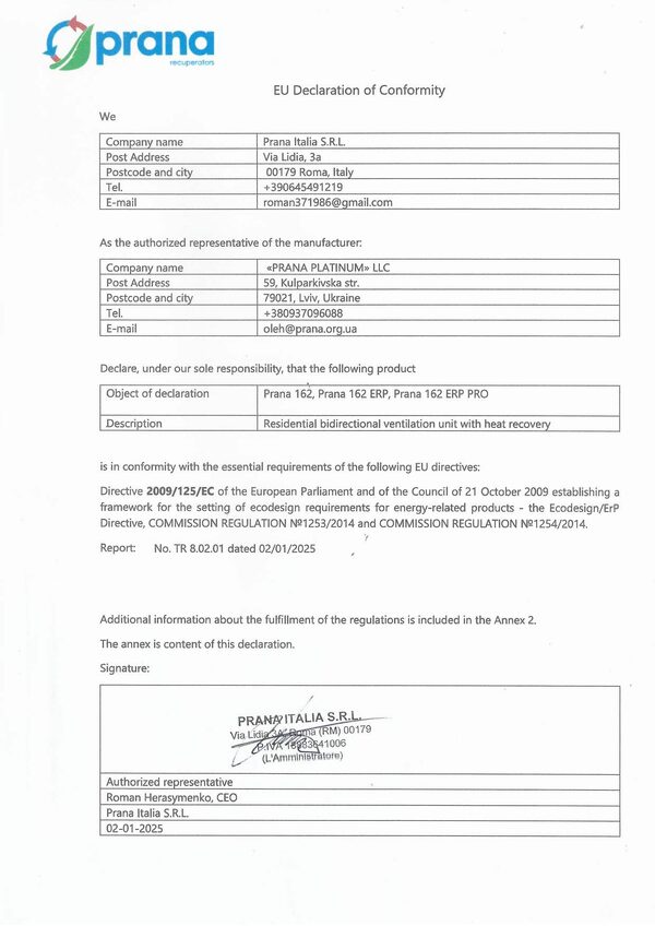 PRANA 162 ERP / ERP PRO – EU-Konformitätserklärung