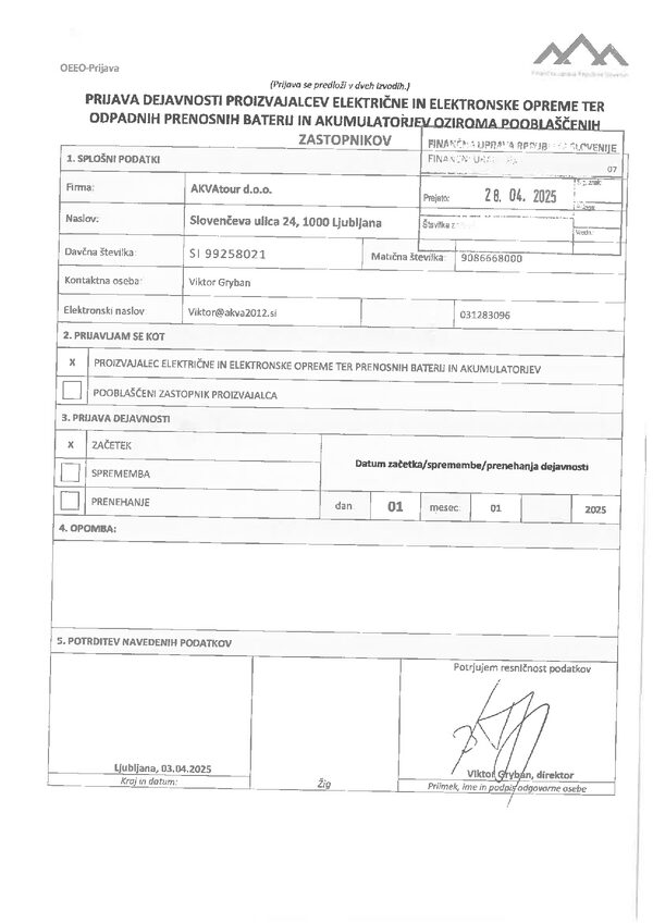 Anmeldung der Herstellertätigkeit