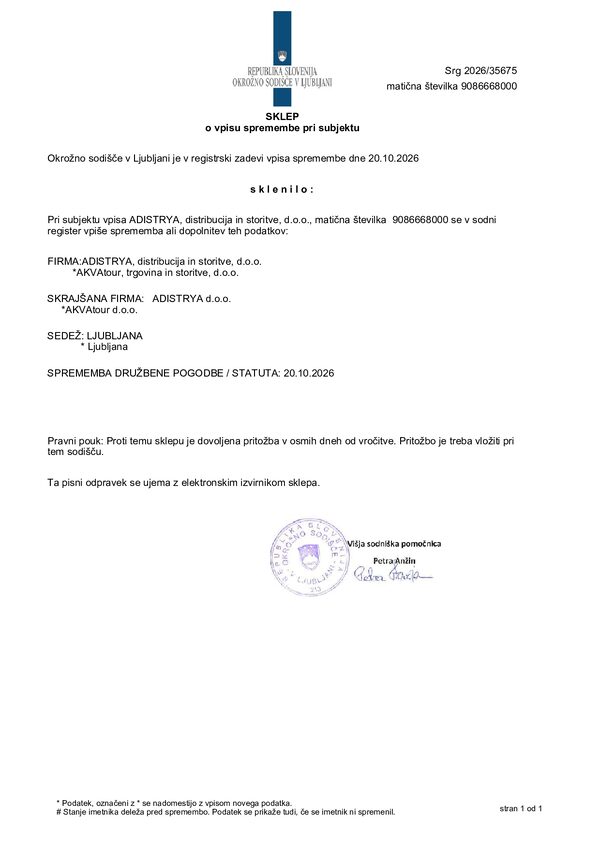 Beschluss über die Eintragung der Änderung der Firma: AKVAtour d.o.o. → ADISTRYA d.o.o. (Srg 2026/35675)